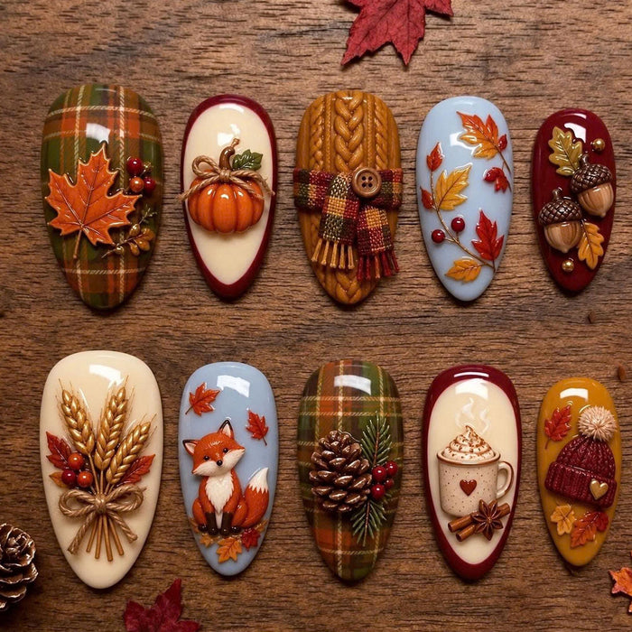 Thanksgiving Autumn Pumpkin, Fox, Plaid, and Harvest Motif Press On Nail Set