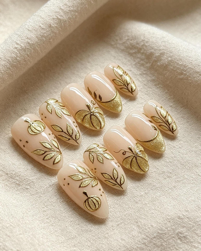 Thanksgiving Autumn Pumpkin Press On Nails with Gold Glitter French Tips and Leaf Details