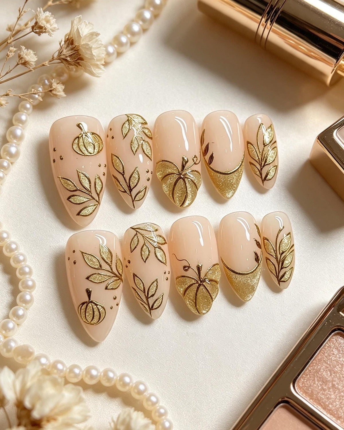 Thanksgiving Autumn Pumpkin Nails with Gold Glitter French Tips and Leaf Details