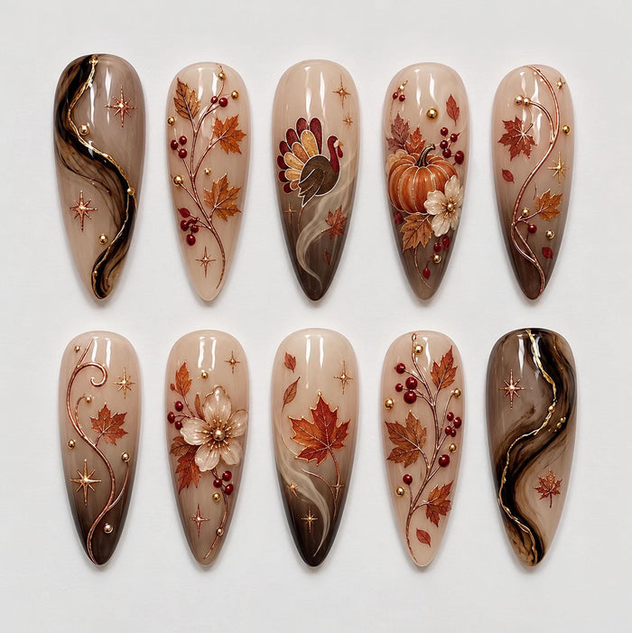 Thanksgiving Autumn Turkey and Pumpkin Press On Nails with Maple Leaves, Brown Marble, and Gold Details