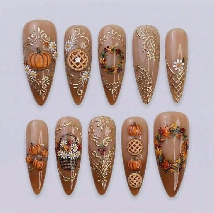 Thanksgiving Brown Gradient Press On Nails With Gold Scrollwork, Autumn Florals, Wreaths & Pumpkins