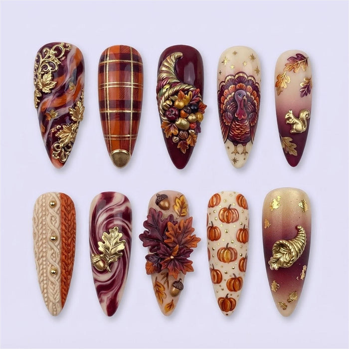 Thanksgiving Burgundy and Gold Autumn Harvest Press On Nails With Plaid, Pumpkins and Raised Leaf Details