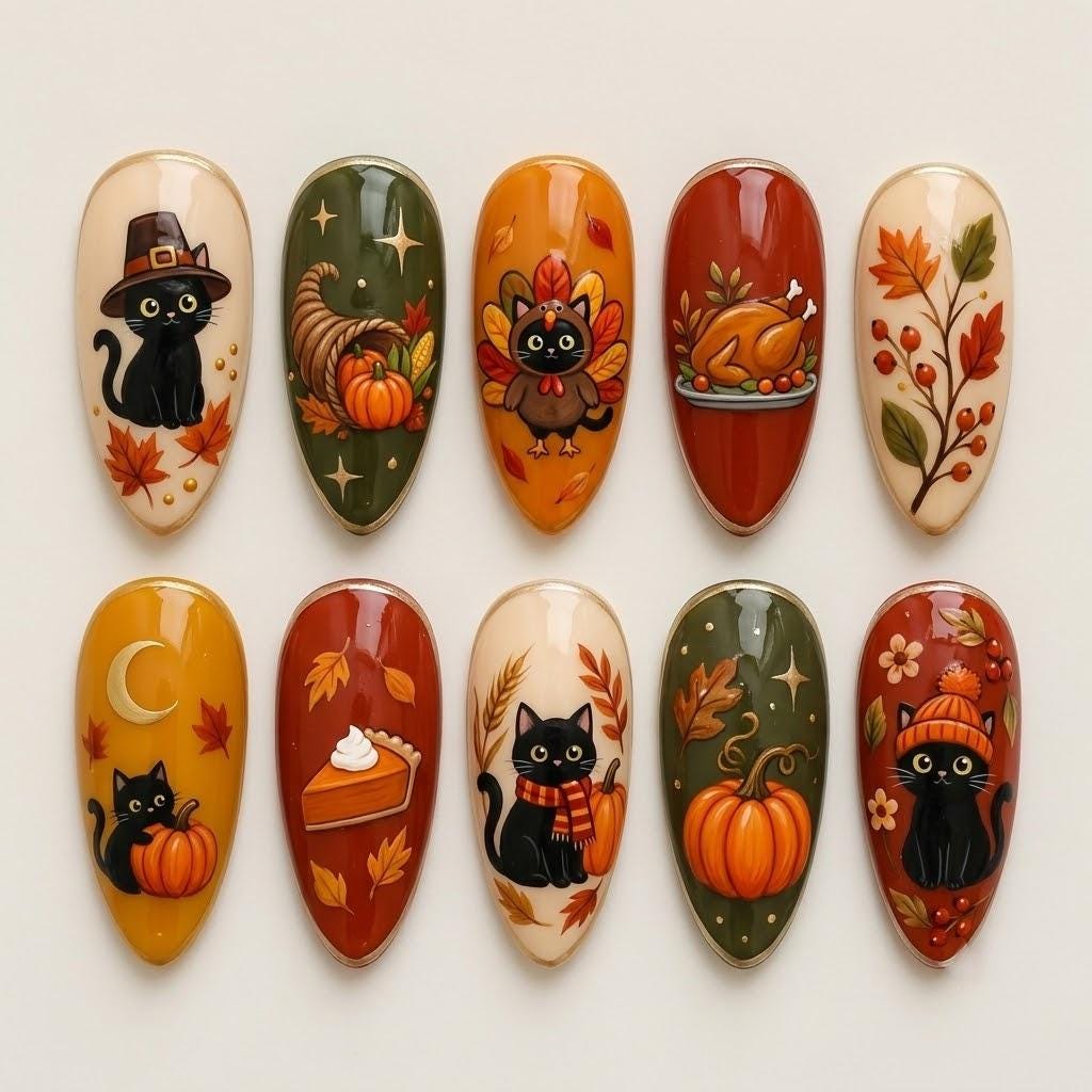 Thanksgiving Cat and Pumpkin Nail Set With Autumn Harvest Art