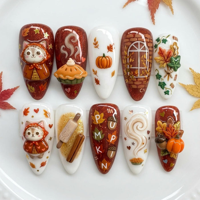 Thanksgiving Cat and Pumpkin Pie Press On Nails with 3D Cozy Baking Details
