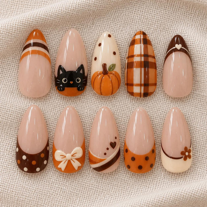 Thanksgiving Cat and Pumpkin Press On Nails with Plaid, Polka Dots, Hearts, and Bow