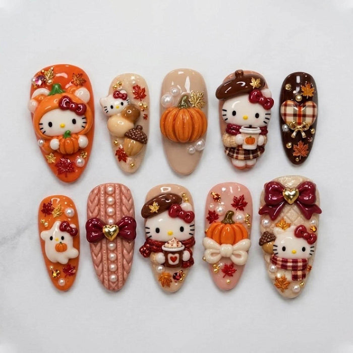 Thanksgiving Cat and Pumpkin Press On Nails With Plaid, Bows, and Autumn Leaves