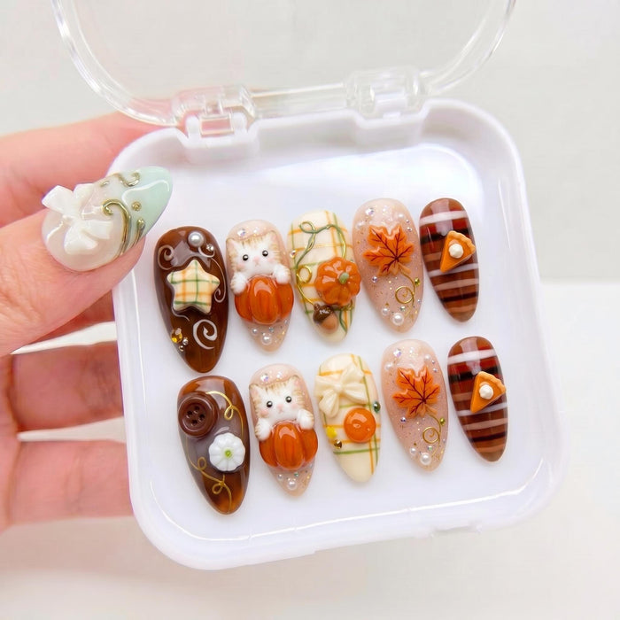 Thanksgiving Cat, Pumpkin, and Plaid Press-On Nail Set