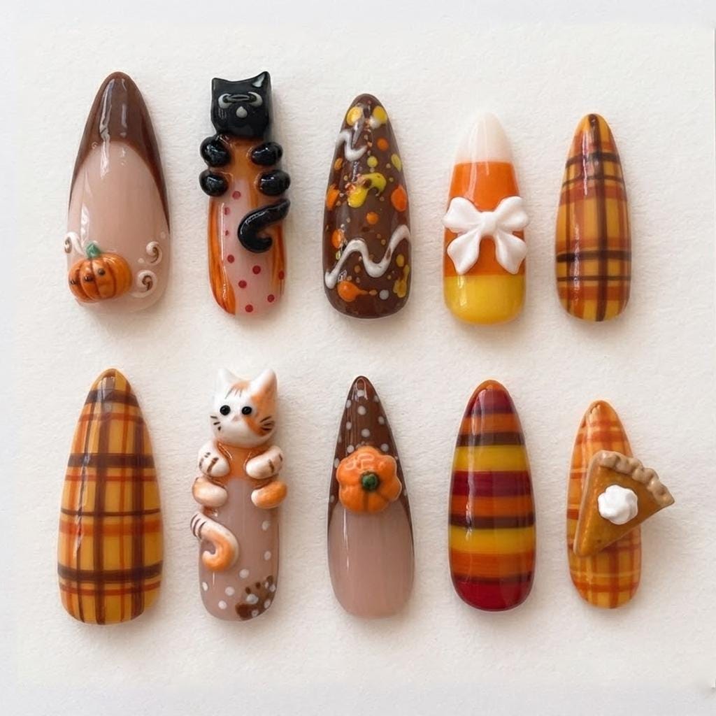 Thanksgiving Cat, Pumpkin, Candy Corn and Plaid Press-On Nail Set