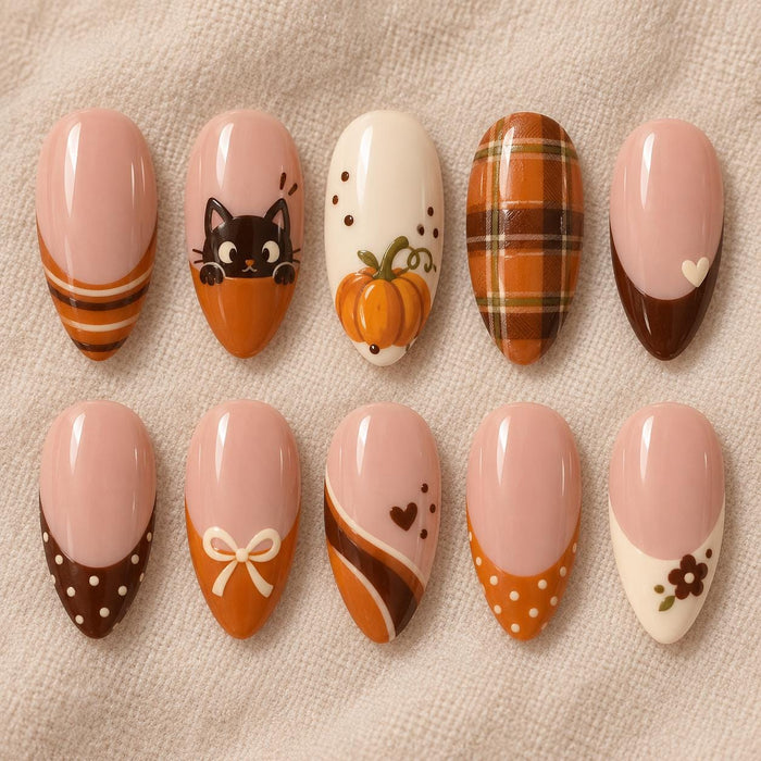 Thanksgiving Cat, Pumpkin, Plaid and Bow Press On Nails