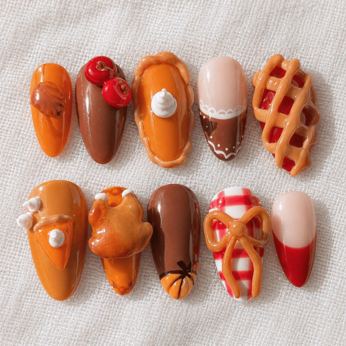 Thanksgiving Dessert Press On Nails With 3D Pie Details