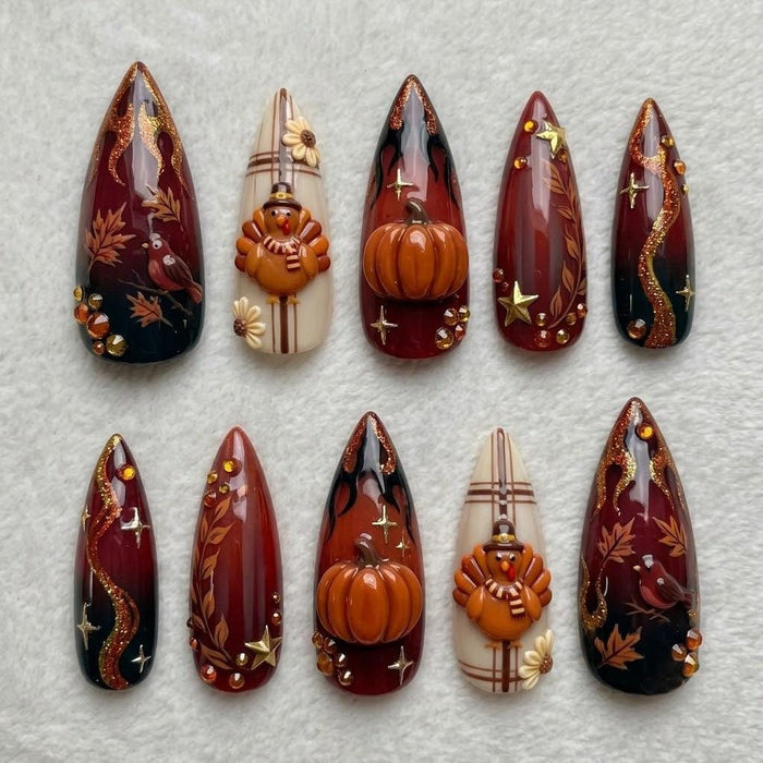 Thanksgiving Fall Harvest Press On Nails With 3D Pumpkins, Turkeys, and Gold Glitter