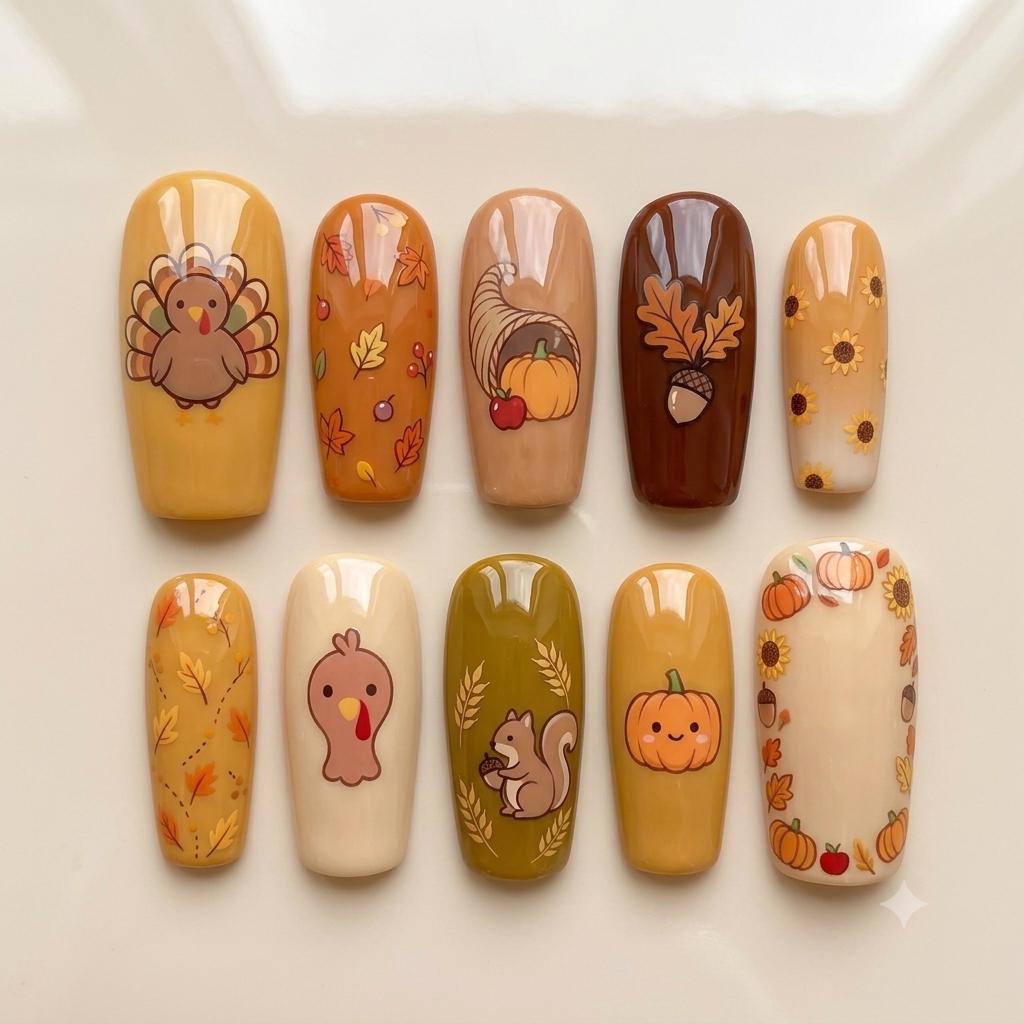 Thanksgiving Fall Harvest Press On Nail Set With Turkeys, Pumpkins, and Sunflowers