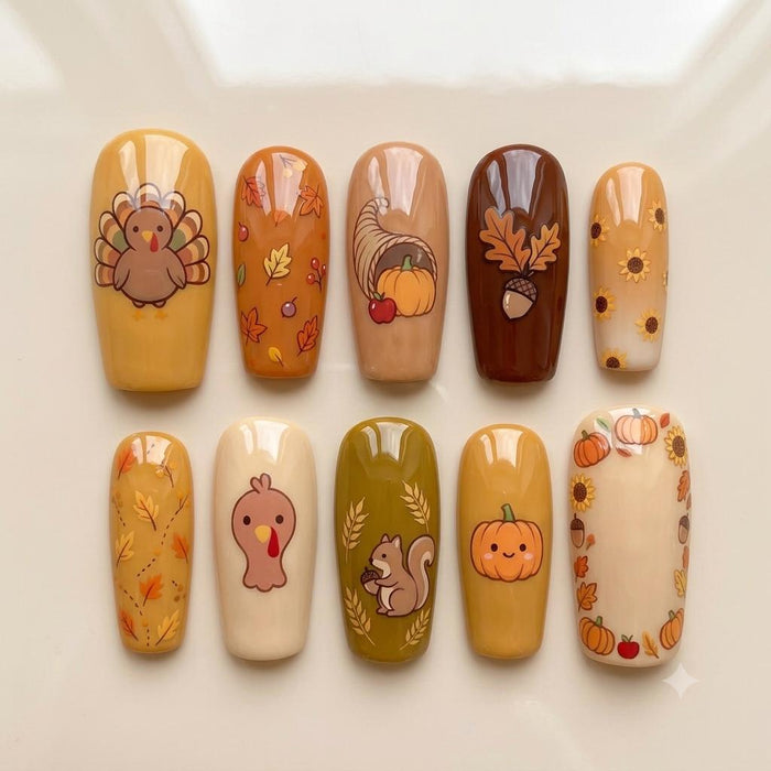 Thanksgiving Fall Harvest Press On Nail Set With Turkeys, Pumpkins, and Sunflowers