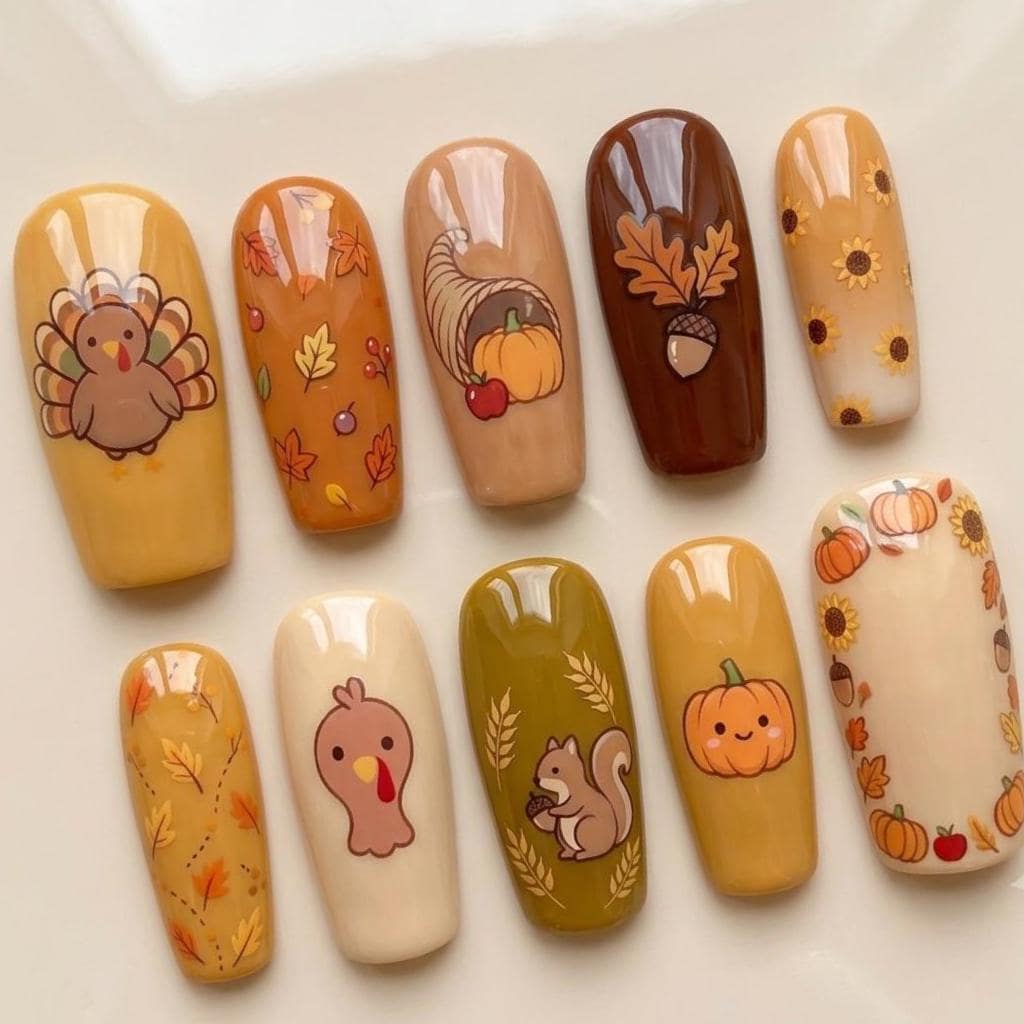 Thanksgiving Fall Harvest Press On Nail Set With Turkeys, Pumpkins, and Sunflowers