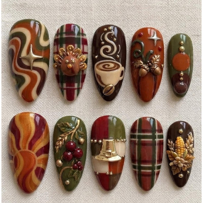 Thanksgiving Fall Harvest Press On Nails with 3D Turkey, Corn, Plaid and Coffee Cup Details