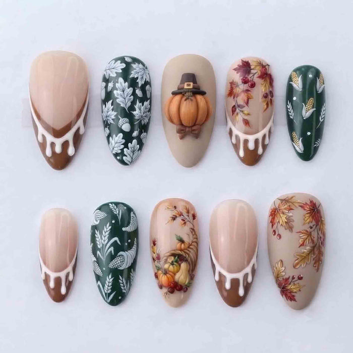 Thanksgiving Fall Harvest Press On Nails with Pumpkins, Autumn Leaves and Botanical Art