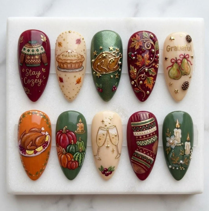 Thanksgiving Fall Harvest Press On Nails With Turkey, Pumpkins and Sweater Patterns