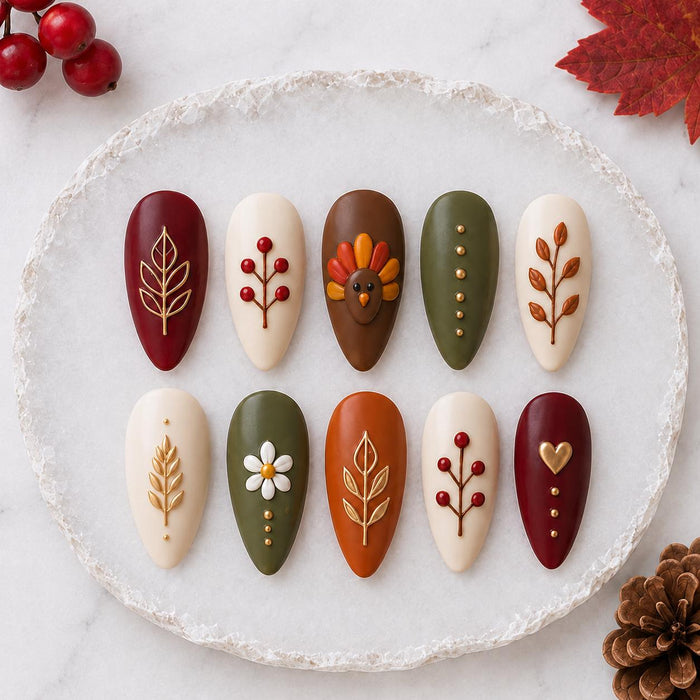 Thanksgiving Fall Press On Nails With Turkey, Gold Leaves, and Berry Sprigs