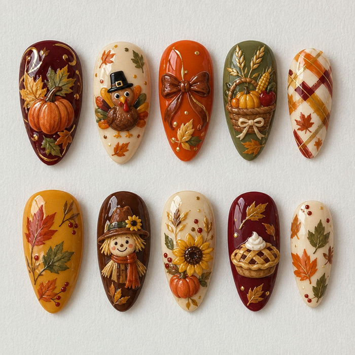 Thanksgiving Fall Press On Nail Set With Pumpkins, Leaves, Plaid, and 3D Harvest Details