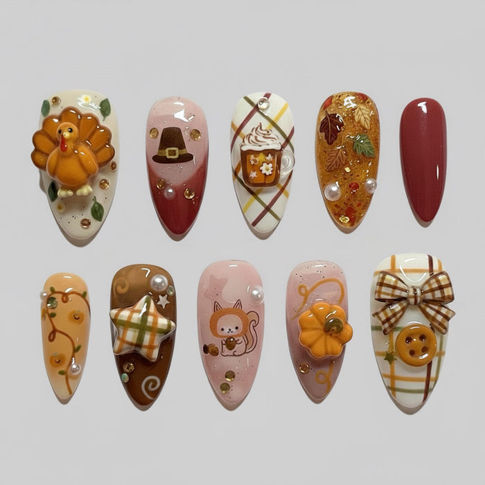 Thanksgiving Fall Press On Nails With Turkey, Pumpkins, Plaid Bows & Raised Details