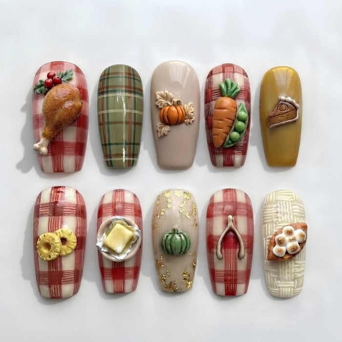 Thanksgiving Feast Press On Nails With 3D Food Charms and Plaid
