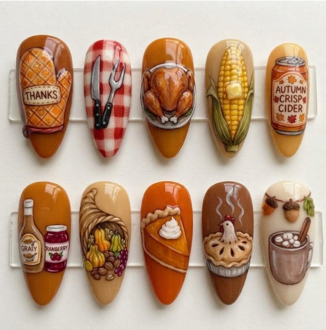 Thanksgiving Food Nail Set with 3D Turkey, Pie, Corn and Harvest Details