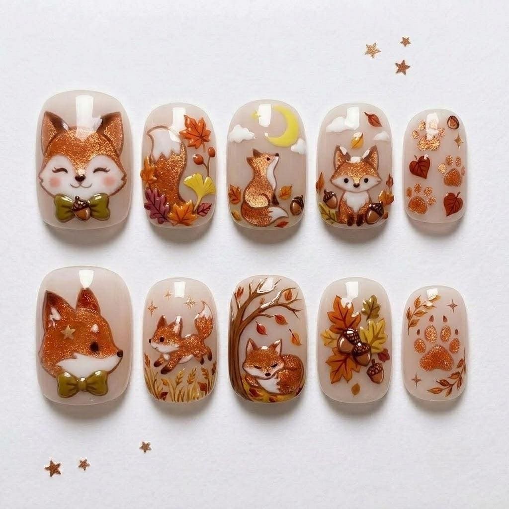 Thanksgiving Fox Press On Nails with Autumn Leaves, Acorns, and Gold Glitter