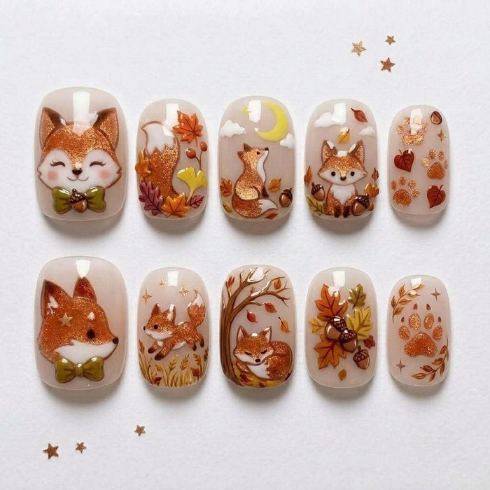 Thanksgiving Fox Press On Nails with Autumn Leaves, Acorns, and Gold Glitter