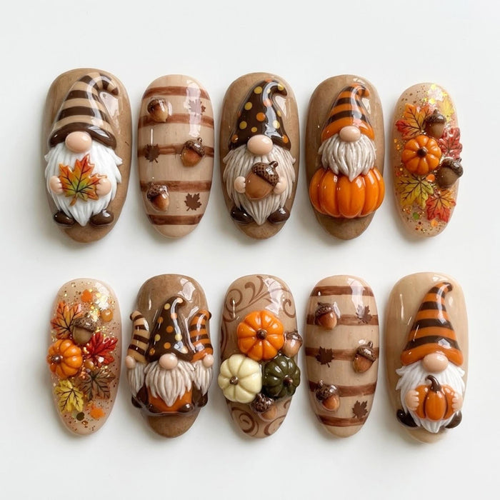 Thanksgiving Gnome Press-On Nails With 3D Pumpkins, Acorns, and Fall Leaves