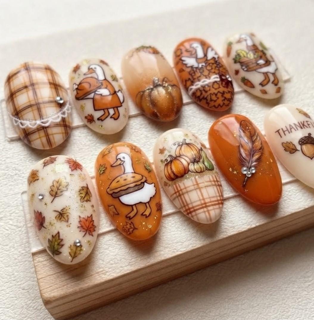 Thanksgiving Goose Press On Nails With Fall Plaid, Pumpkins, and Autumn Leaves