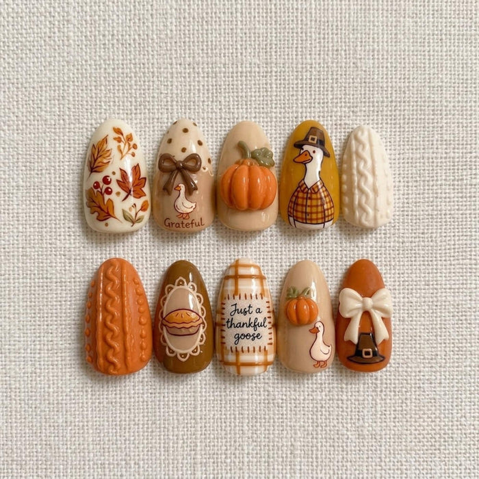 Thanksgiving Goose Press On Nails with Pumpkins, Plaid, Bows and Autumn Details