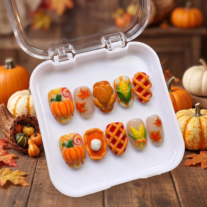 Thanksgiving Harvest Food Press On Nails with 3D Turkey, Pumpkin, Corn and Pie