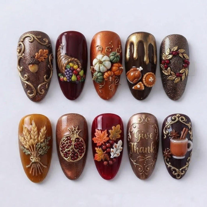 Thanksgiving Harvest Press On Nail Set With 3D Pumpkins, Fruit, Wheat and Gold Scrollwork