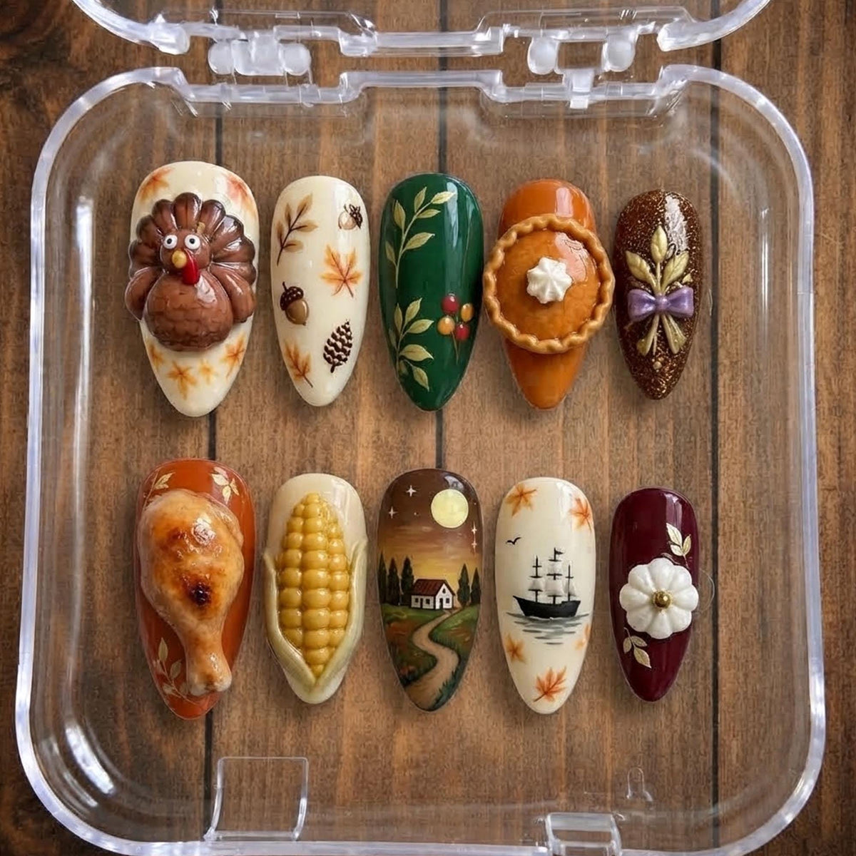 Thanksgiving Harvest Nail Set with 3D Turkey, Pie, Corn and Autumn Scenes