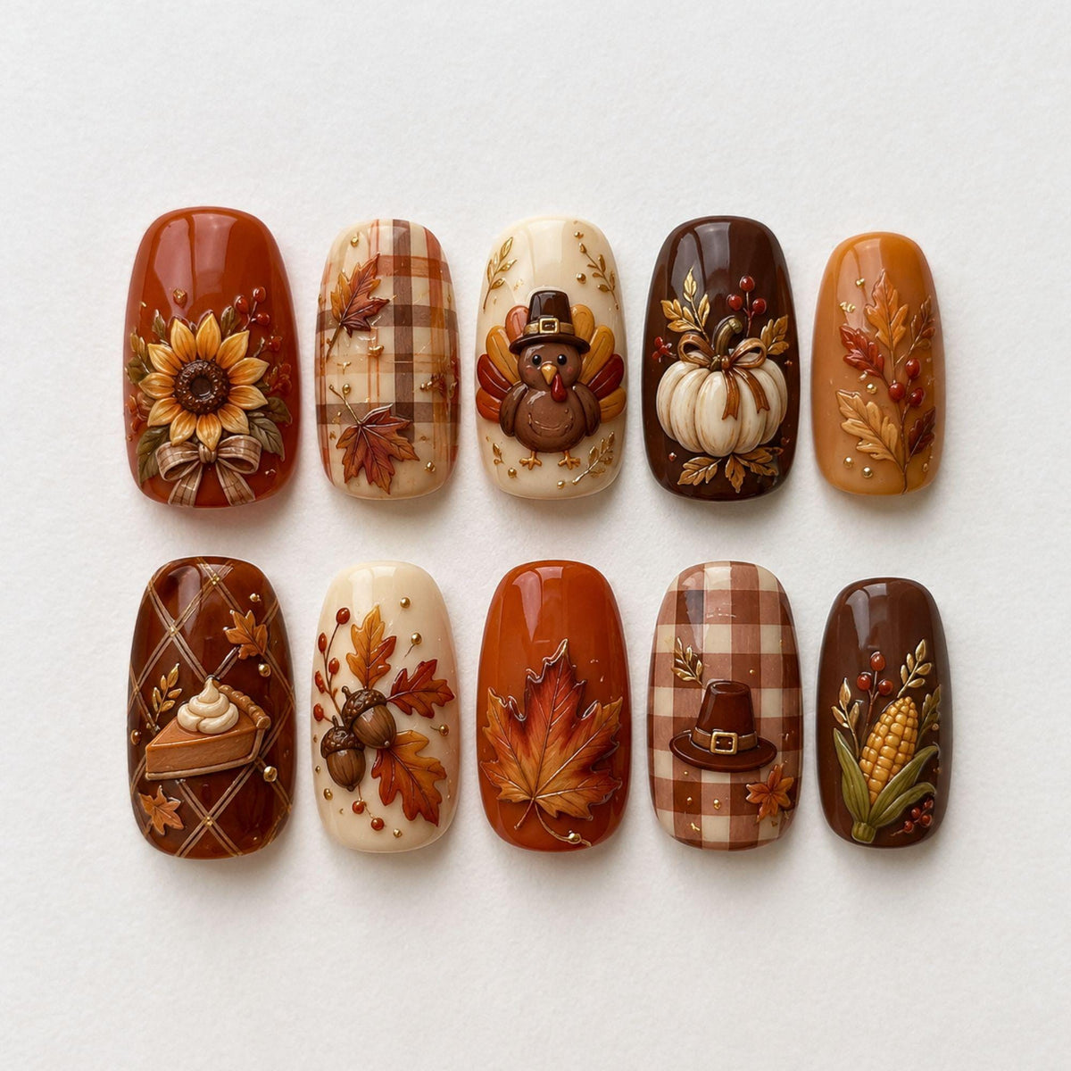 Thanksgiving Harvest Nail Set With Pumpkin, Plaid, Sunflower & Autumn Motifs