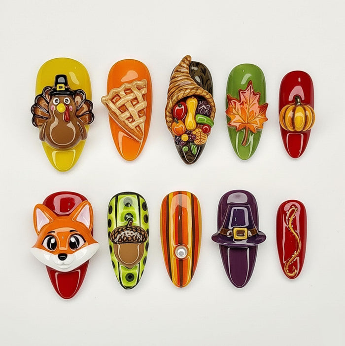 Thanksgiving Harvest Press On Nail Set with Turkey, Fox, Pumpkin, Maple Leaf and Pie