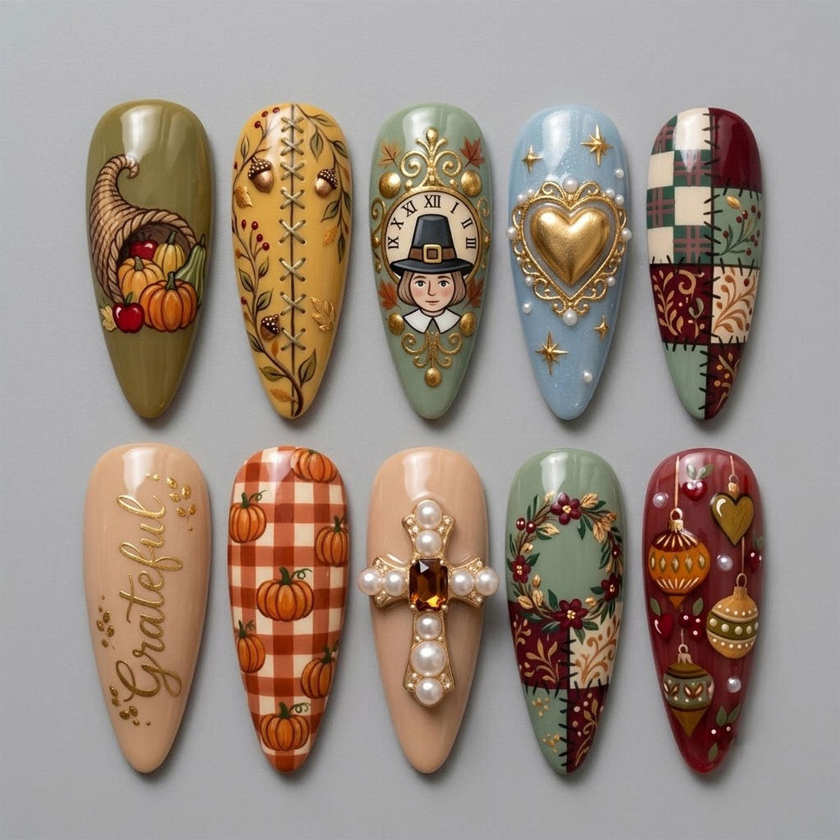 Thanksgiving Harvest Nails with Pumpkins, Plaid, Cornucopia, and Pearl Cross
