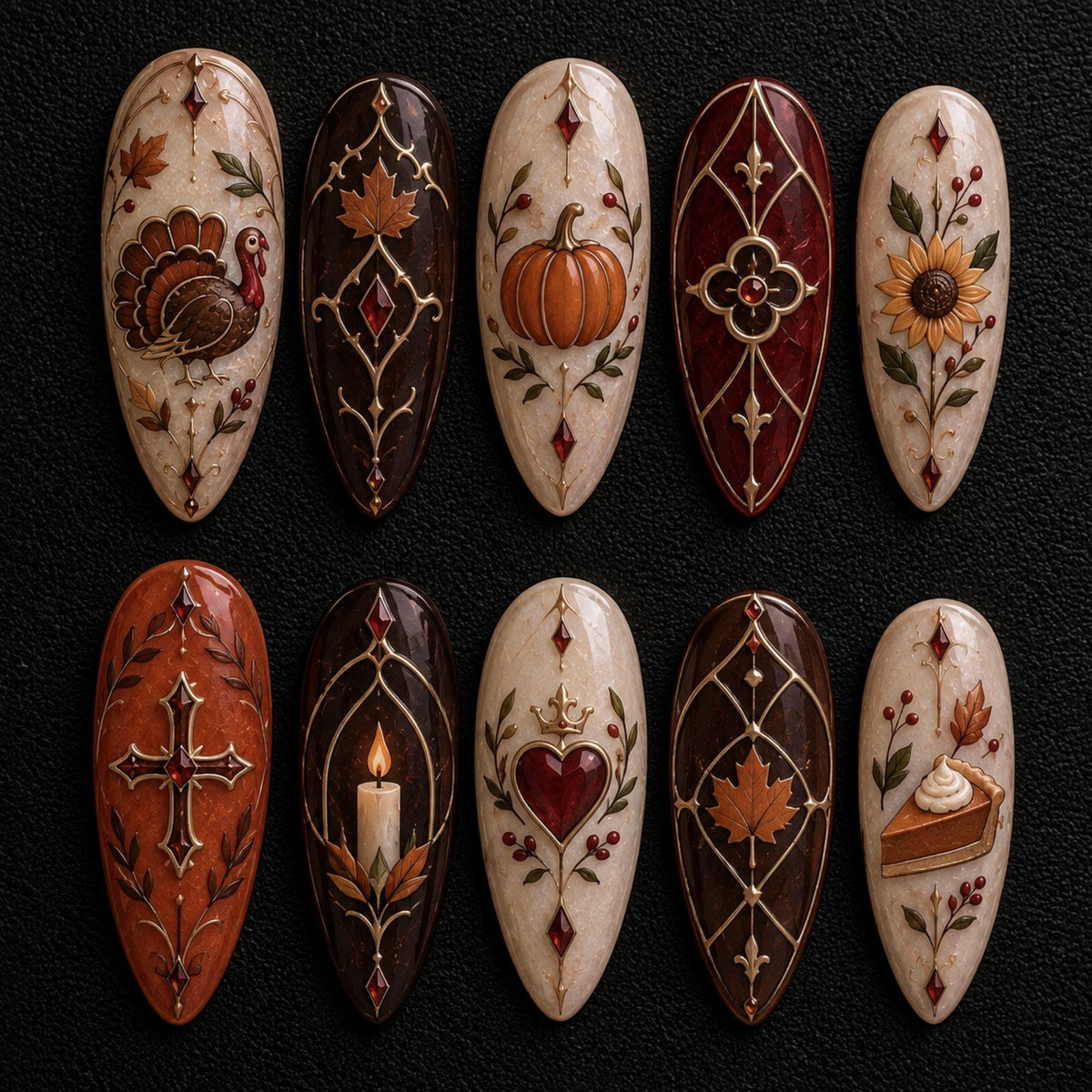 Thanksgiving Harvest Nails With Turkey, Pumpkins, Sunflower, and Gold Details