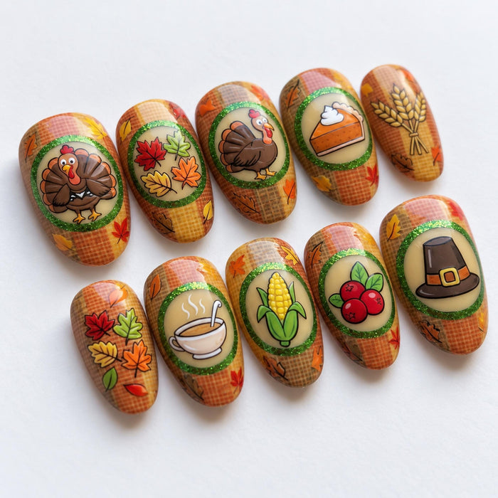 Thanksgiving Harvest Plaid Press On Nail Set With Turkeys, Pie and Autumn Accents
