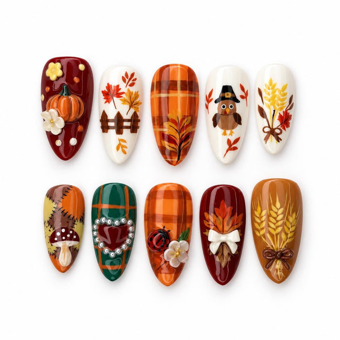 Thanksgiving Harvest Plaid Press On Nails With Pumpkins, Flowers, Mushrooms and Wheat