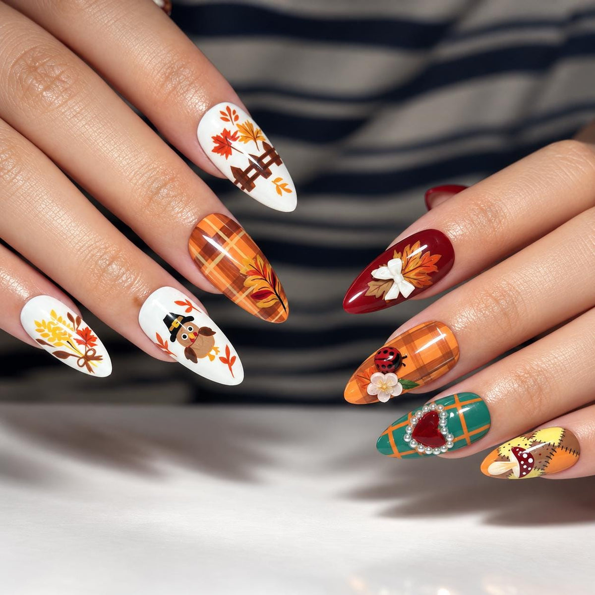 Thanksgiving Harvest Plaid Press On Nails With Pumpkins, Flowers, Mushrooms and Wheat