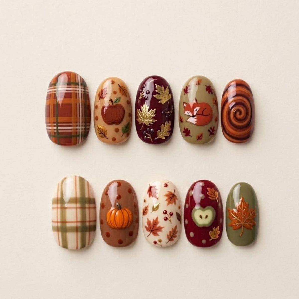 Thanksgiving Harvest Plaid Pumpkin, Fox and Leaf Nail Set