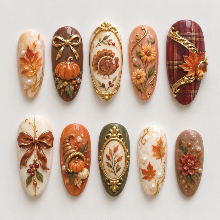 Thanksgiving Harvest Press-On Nail Set With Plaid, Pumpkins, and 3D Fall Details