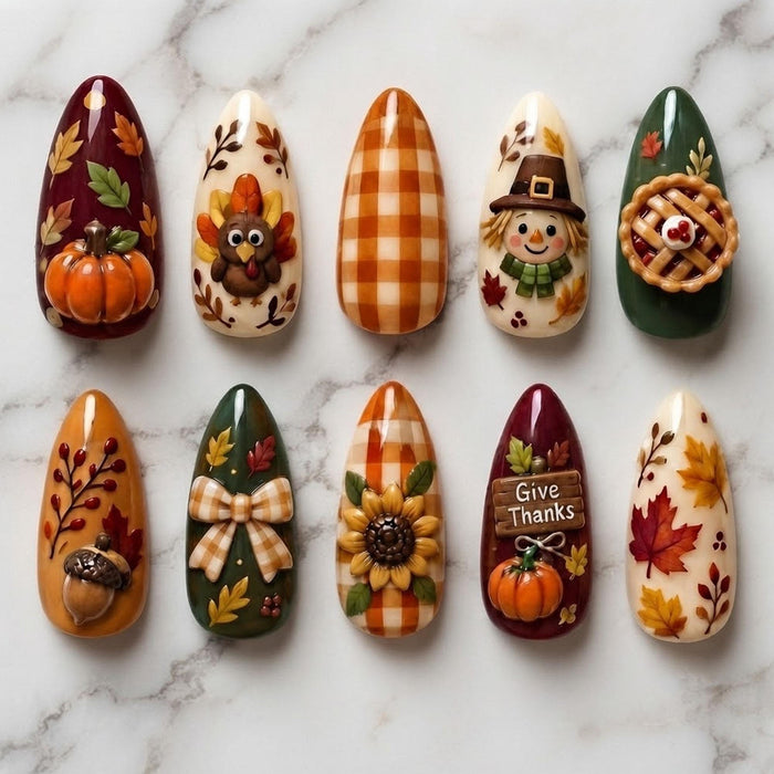 Thanksgiving Harvest Press On Nail Set With Plaid, Pumpkins, Turkey and Fall Motifs