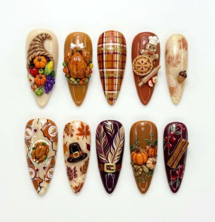 Thanksgiving Harvest Press On Nail Set with Turkey, Pumpkin, Cornucopia and Plaid