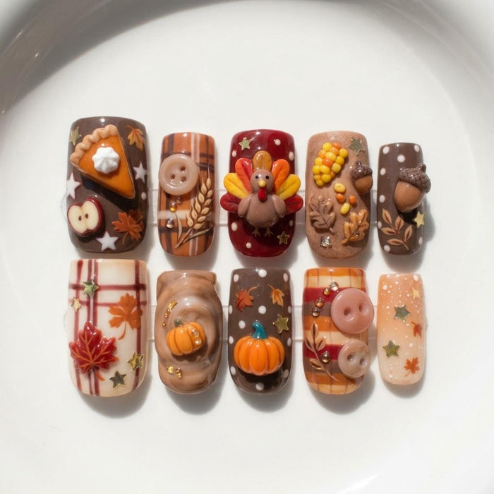 Thanksgiving Harvest Press-On Nail Set with Turkey, Pumpkins, Plaid, and 3D Details