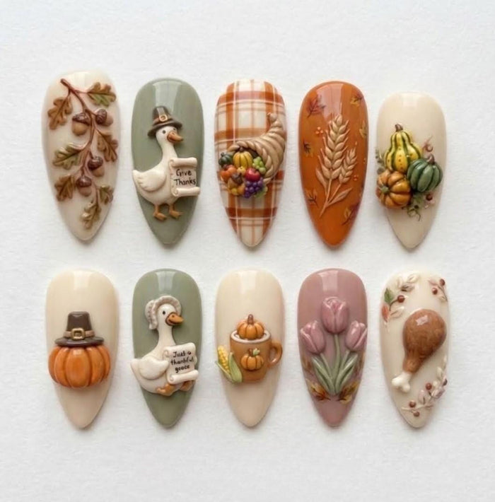 Thanksgiving Harvest Press-On Nails With 3D Pilgrim Geese, Turkey Drumstick, Pumpkins and Plaid