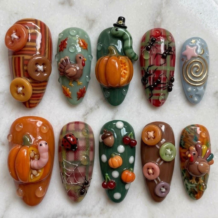 Thanksgiving Harvest Press On Nails With 3D Pumpkins, Turkeys, Mushrooms and Plaid