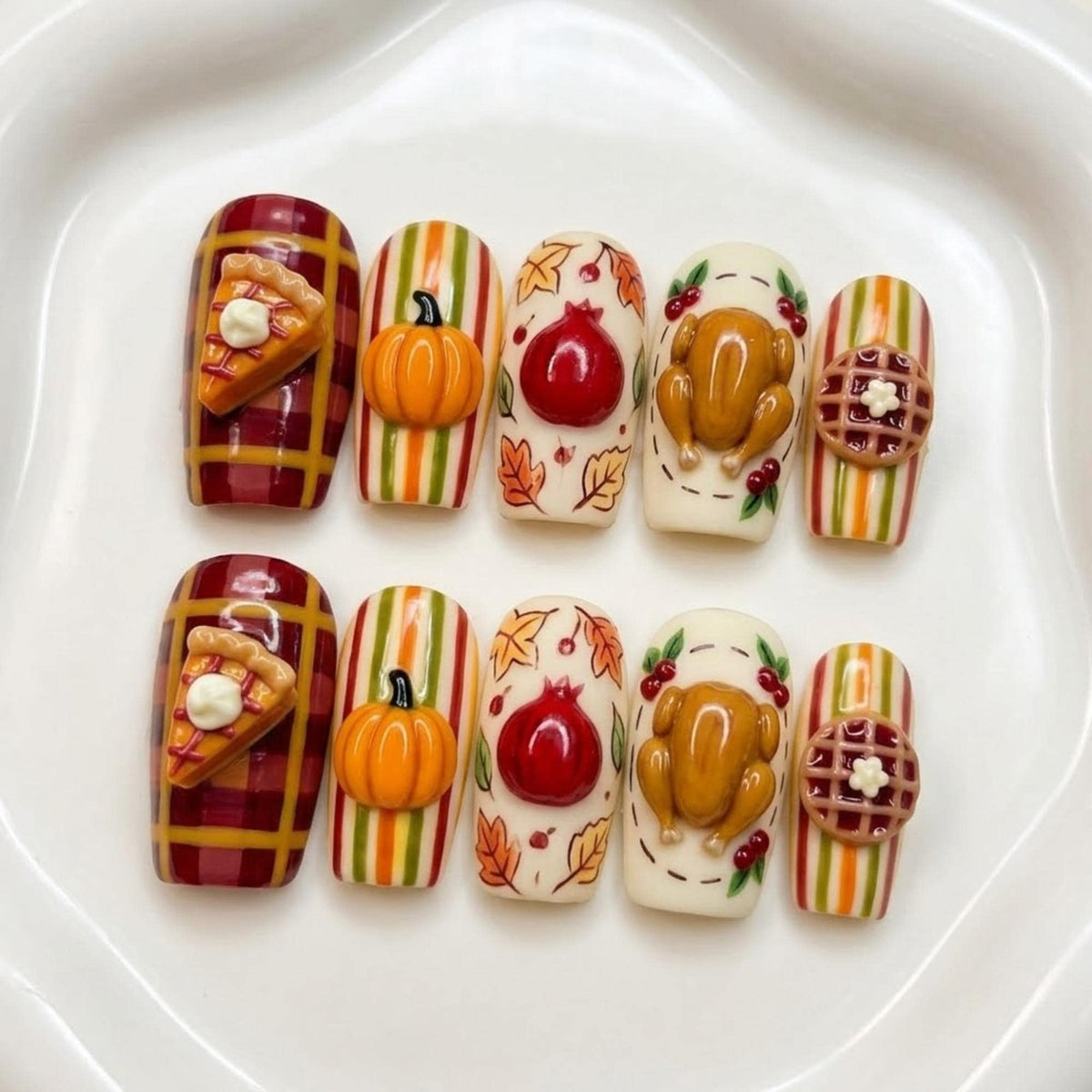 Thanksgiving Harvest Press On Nails With 3D Pumpkin, Turkey, Pie, and Plaid Details