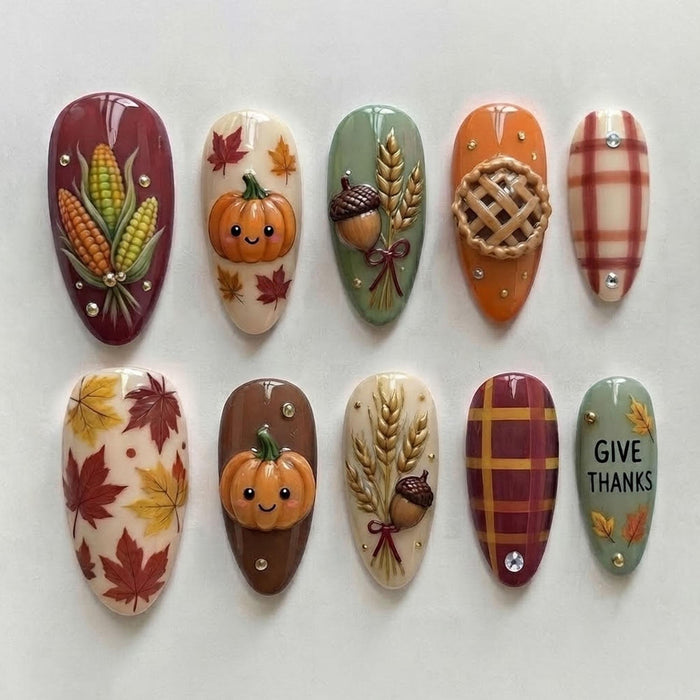 Thanksgiving Harvest Press On Nails with 3D Pumpkins, Plaid, and Autumn Details